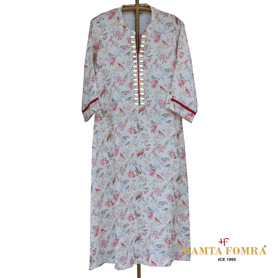 Linen White Kurta with Kutch work