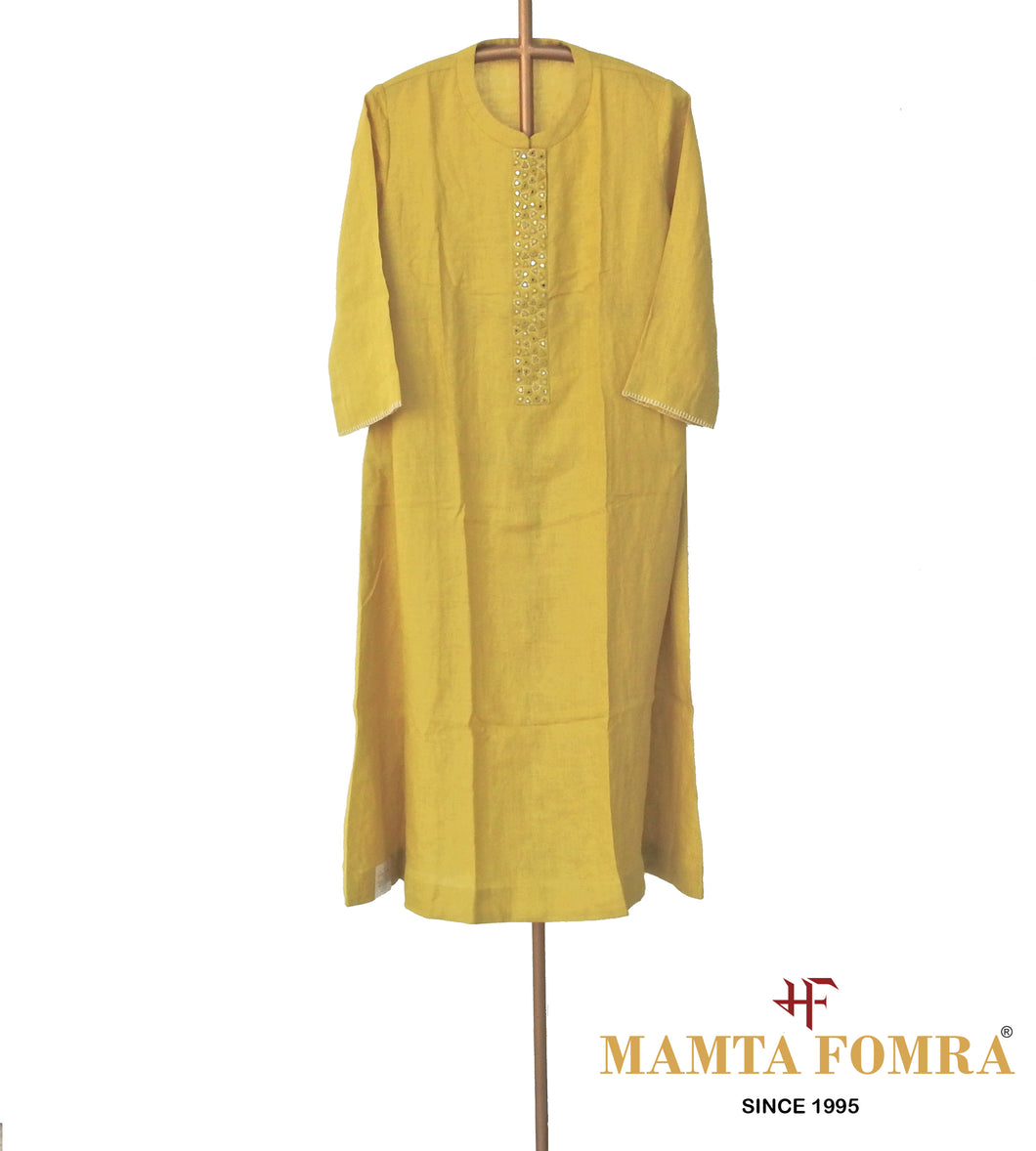 Yellow Linen Hand Embroidered Kurta