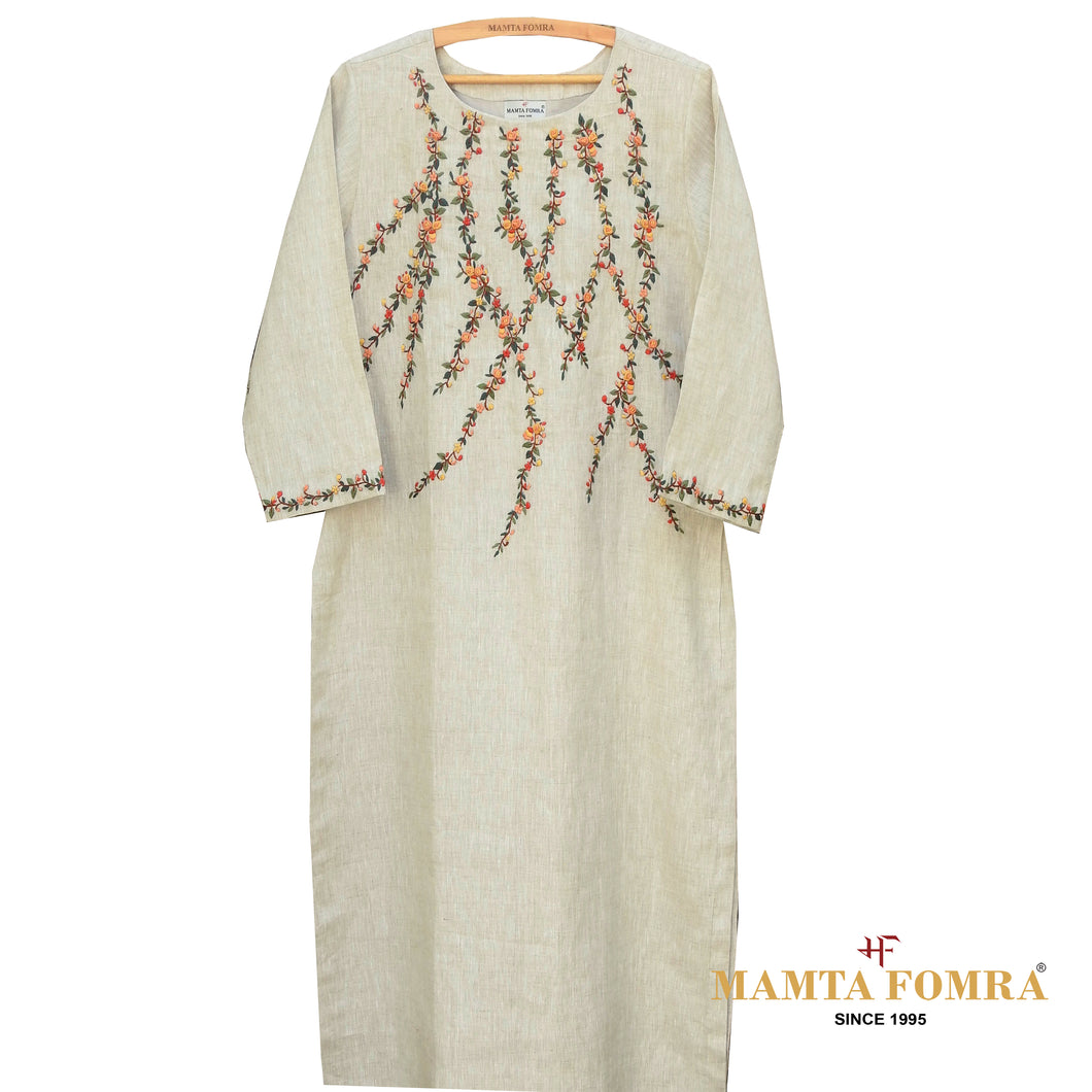 Off-white hand embroidery linen kurta