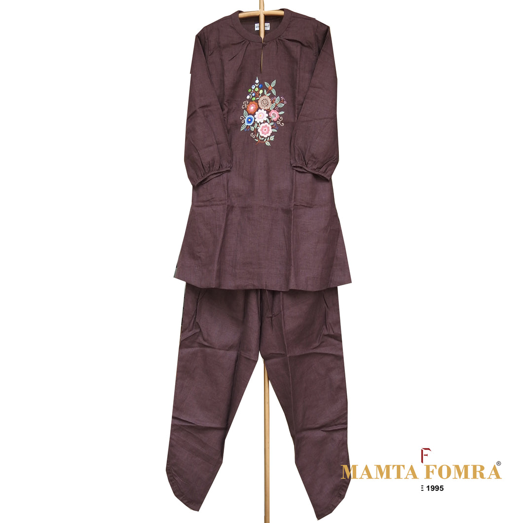 Brown Linen Hand Embroidered Kurta