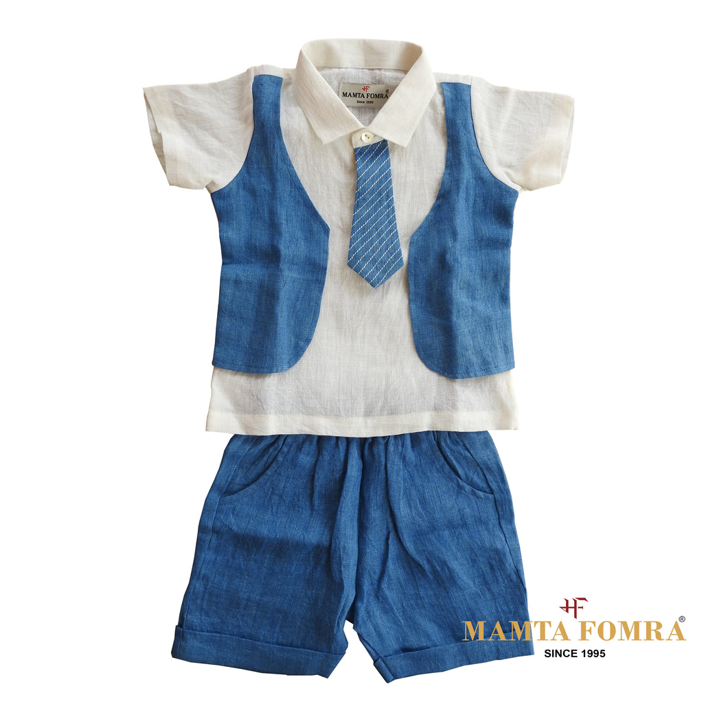 Customized Linen Off White and Royal Blue vest & tie set