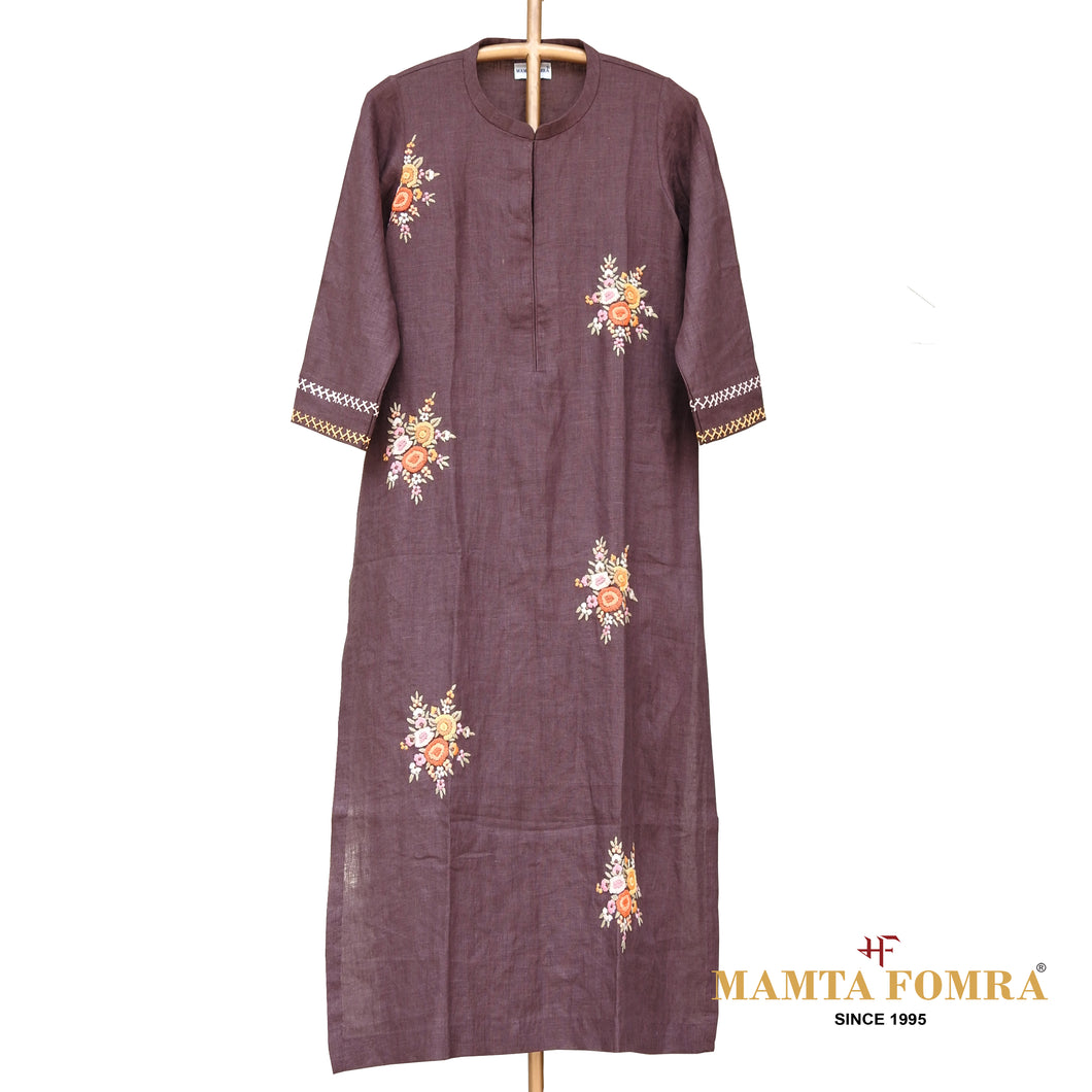 Linen Brown Hand Embroidered Kurta