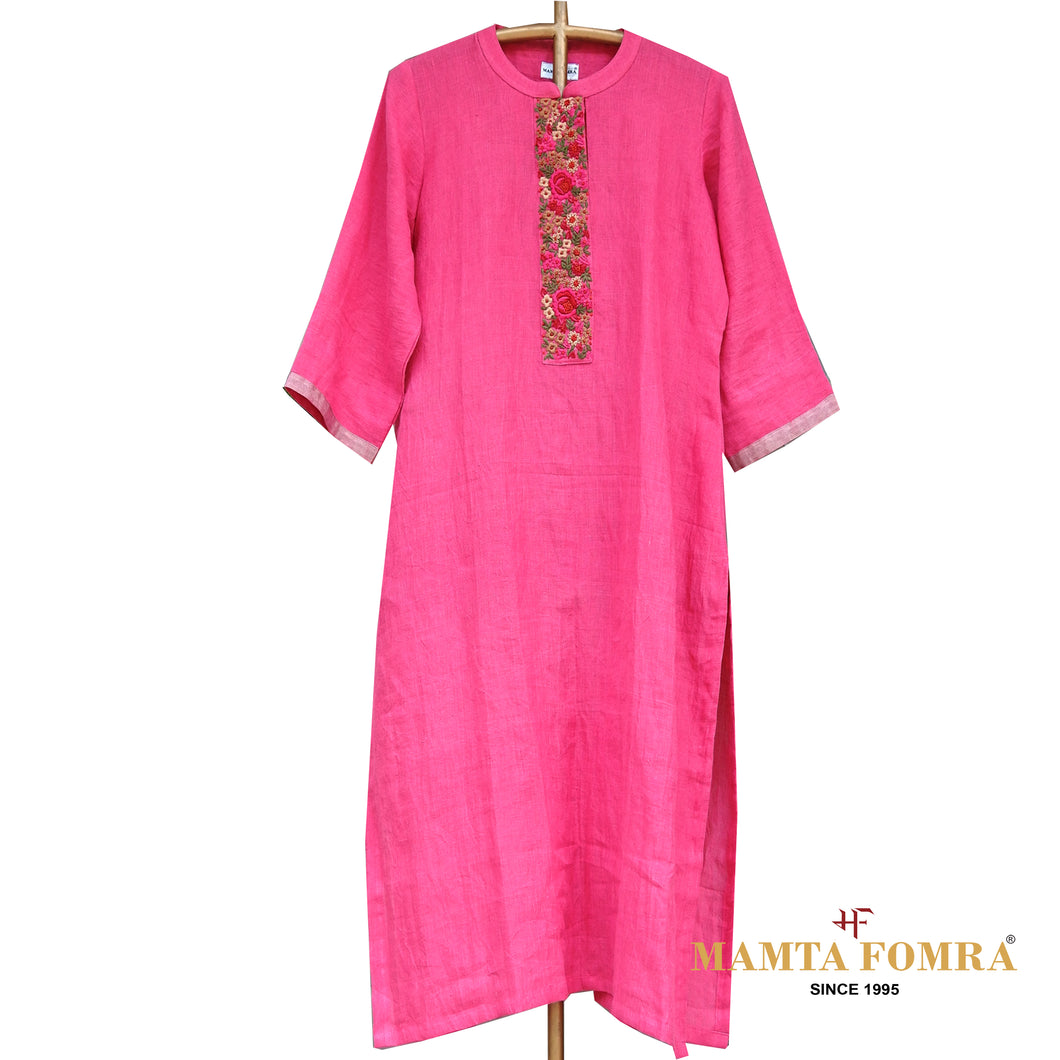 Pink Linen Hand Embroidered Kurta