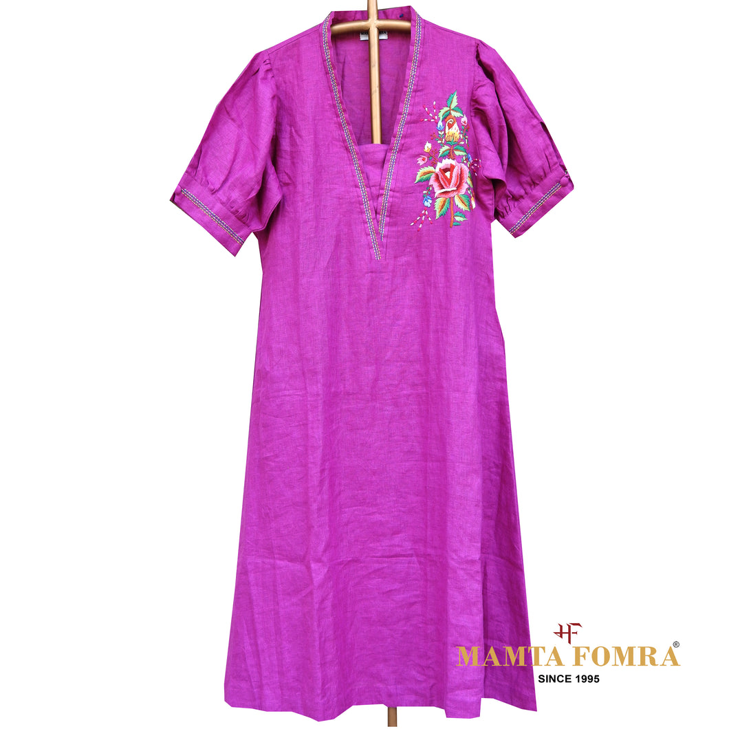 Pink Linen Hand Embroidered Kurta