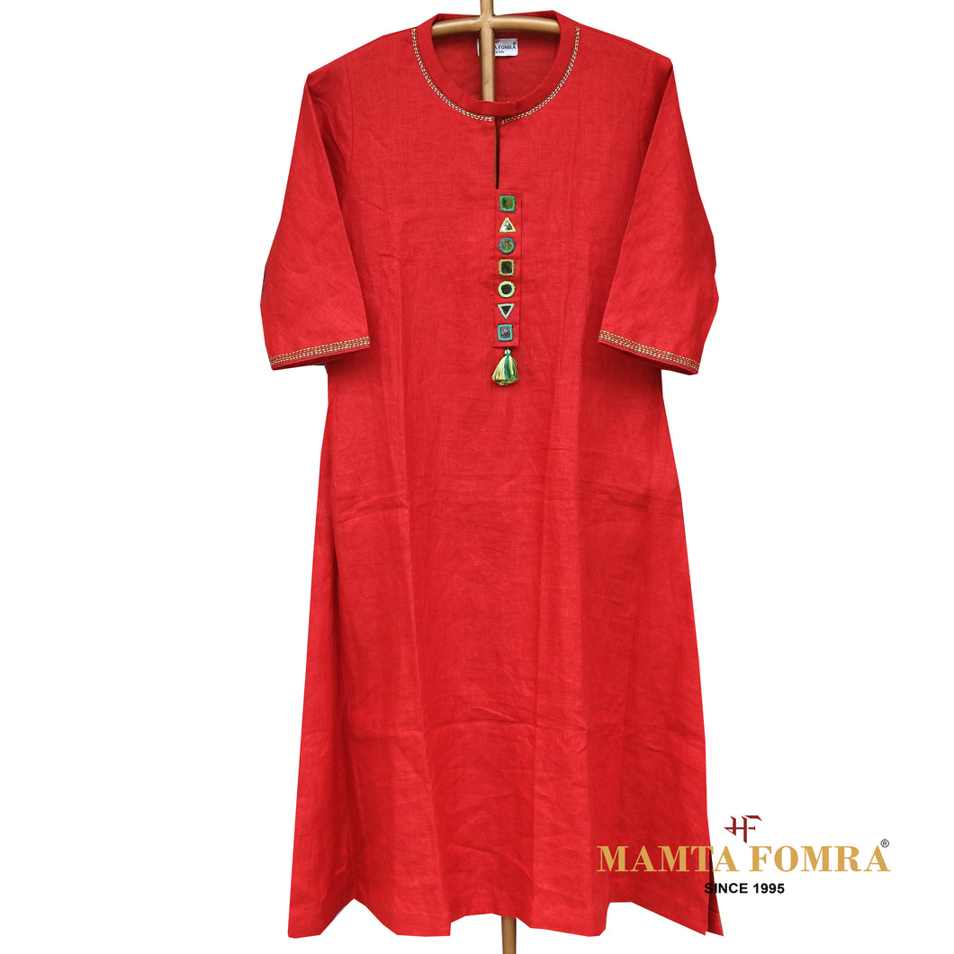 Red Linen Hand Embroidered Kurta