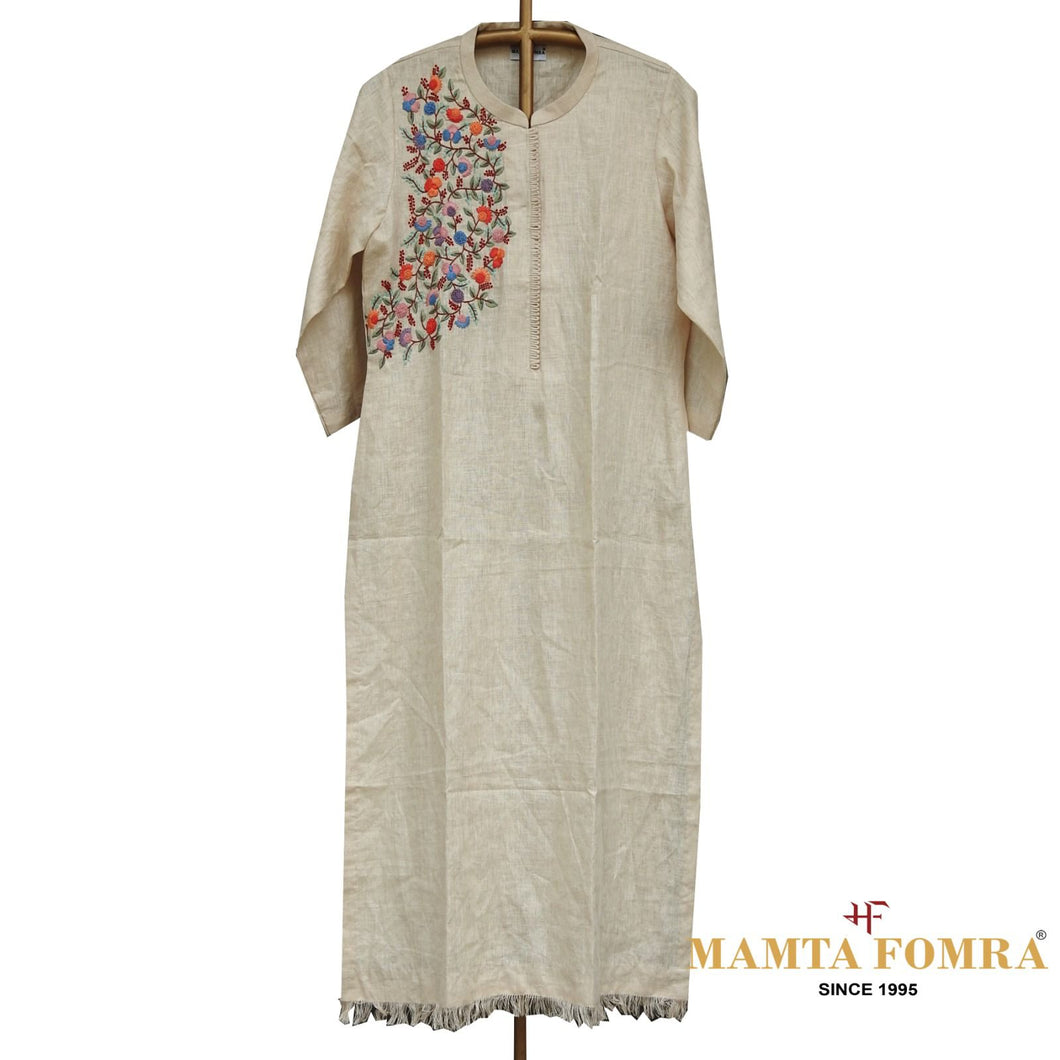 Light Beige Hand Embroidered Linen Kurta