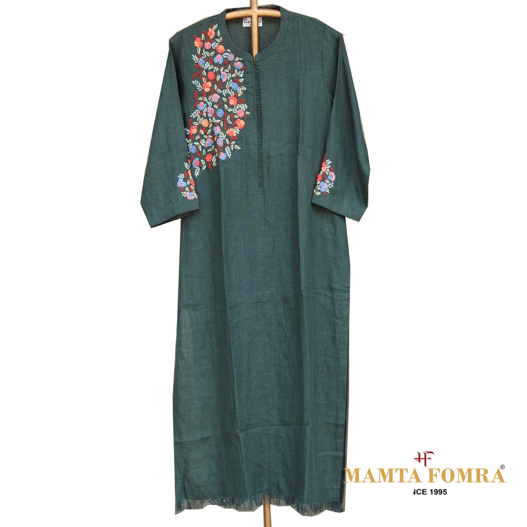 Linen Green Hand Embroidered Kurta