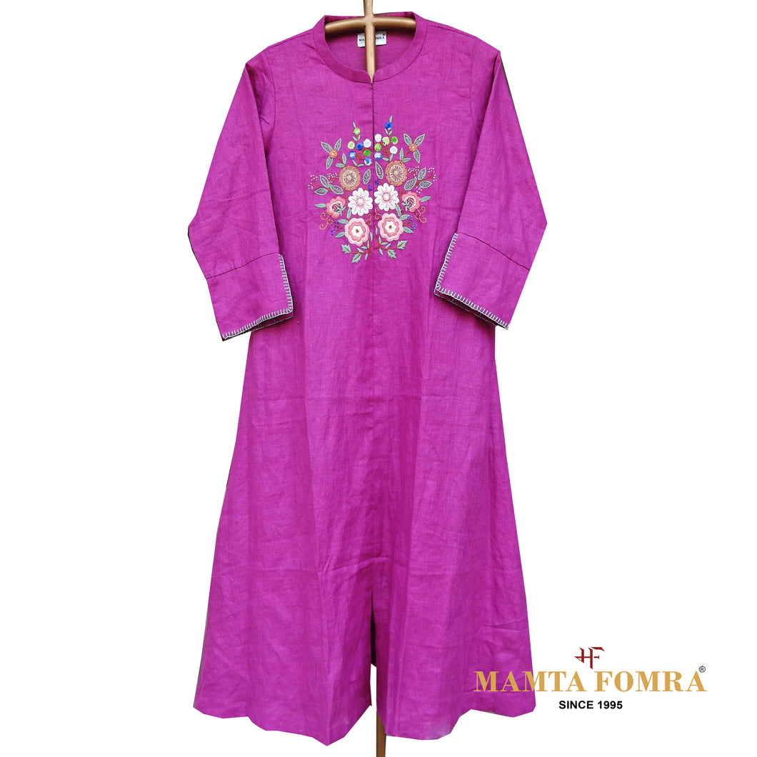 Pink Linen Hand Embroidered Kurta