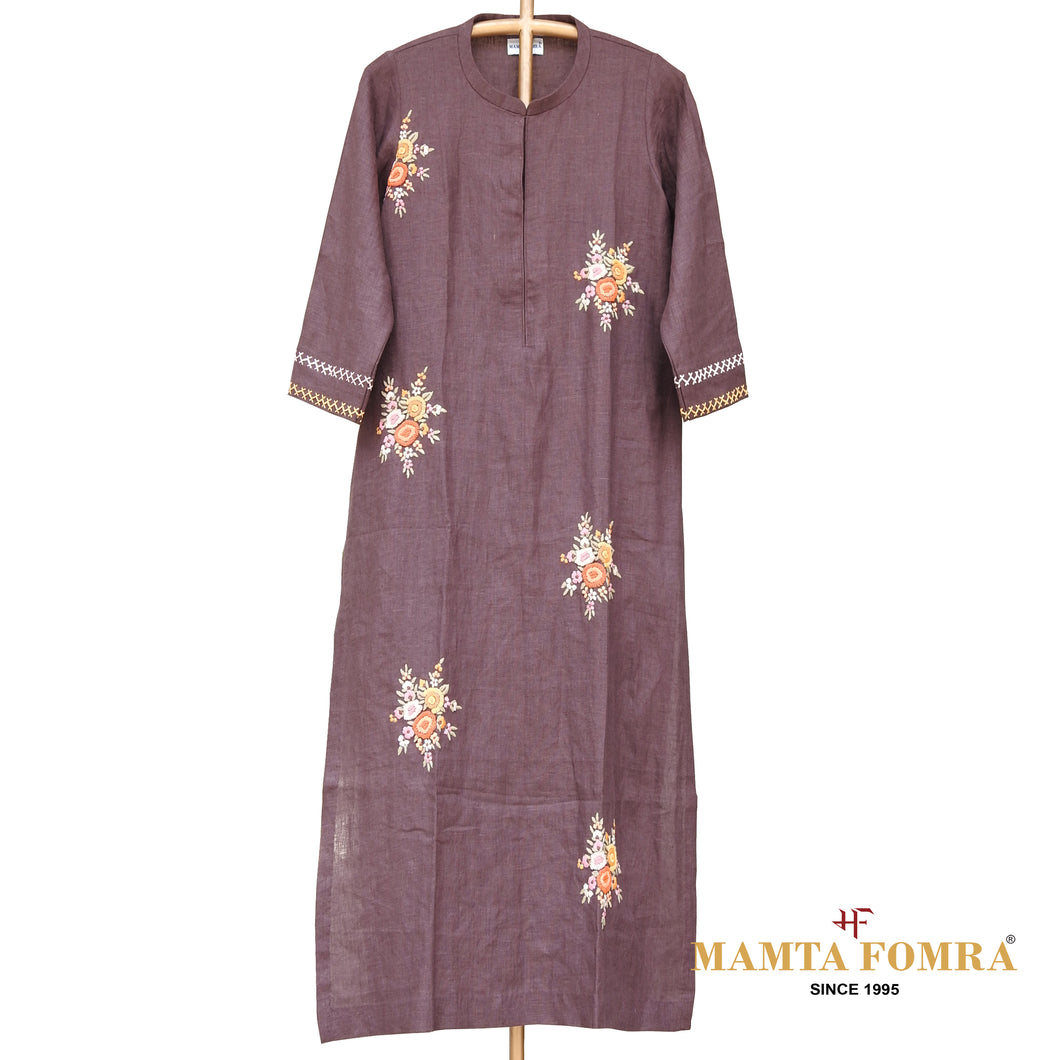 Brown Linen Hand Embroidered Kurta