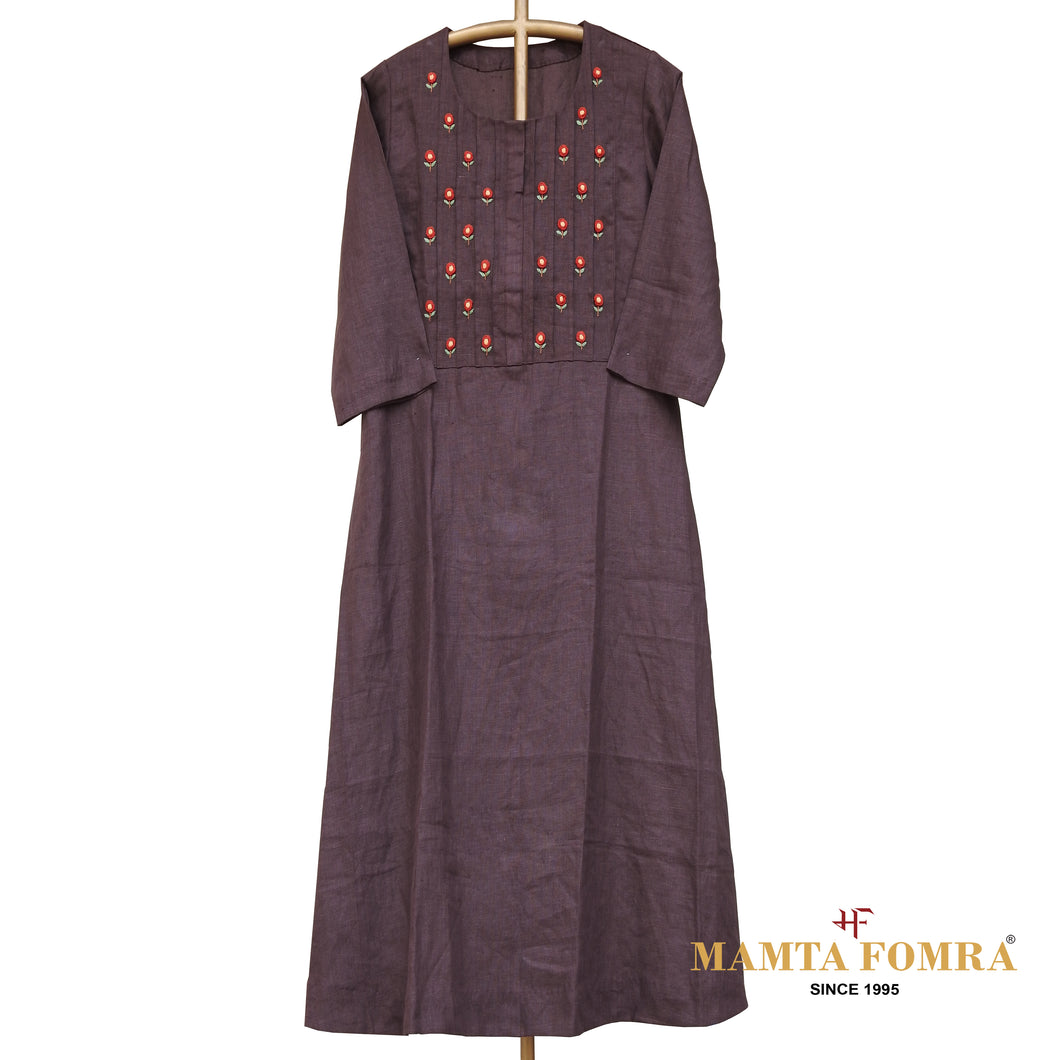 Brown Linen Hand Embroidered Kurta