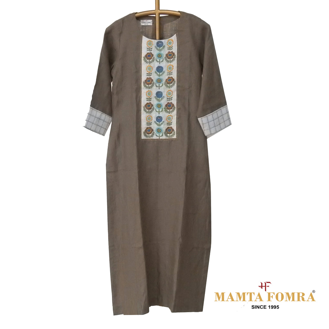 Green  Linen Hand Embroidered Kurta