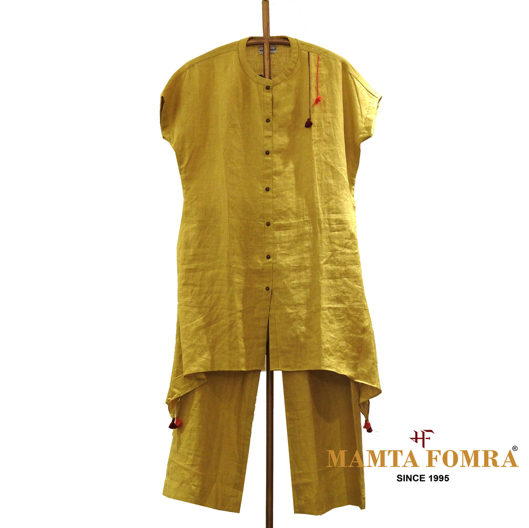 Yellow hand embroidery linen kurta