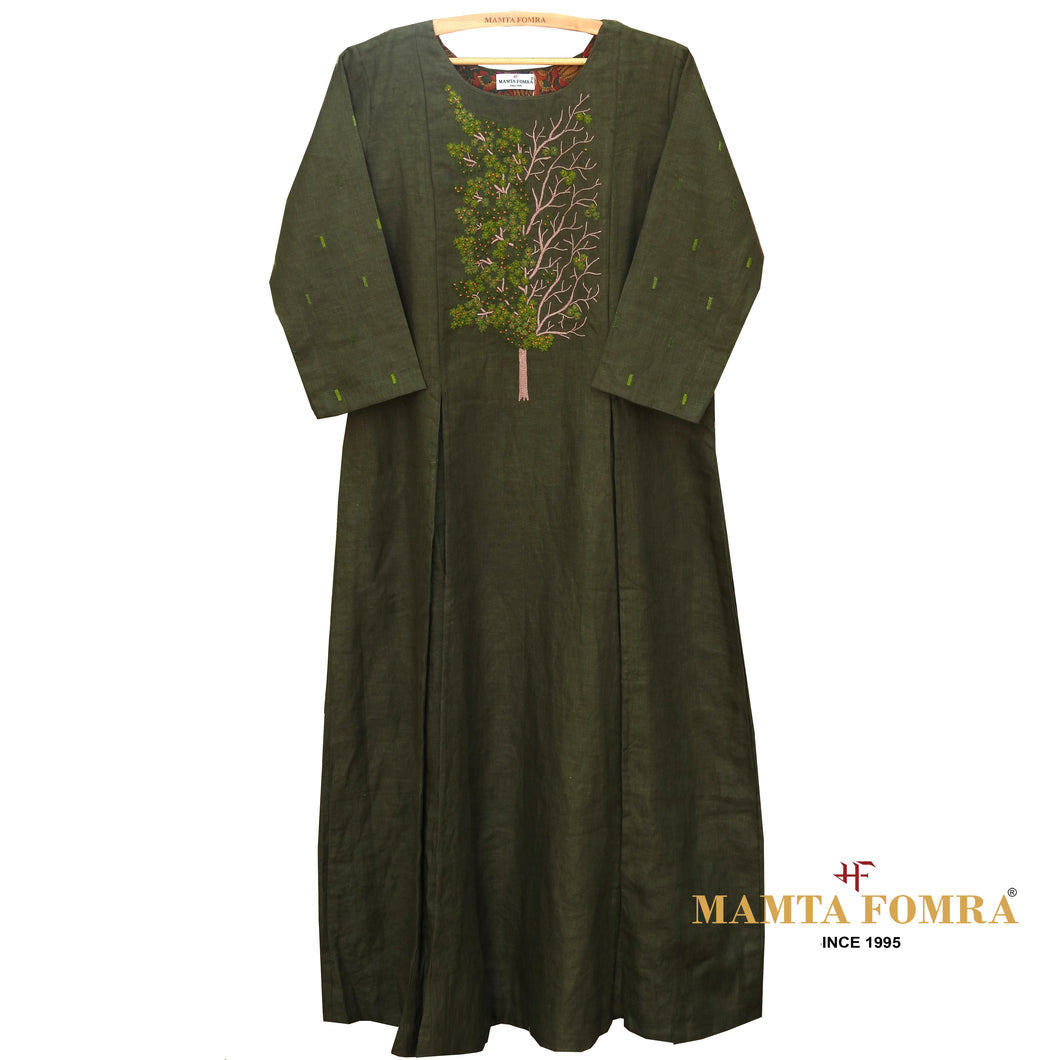 Green Linen Hand Embroidered Kurta