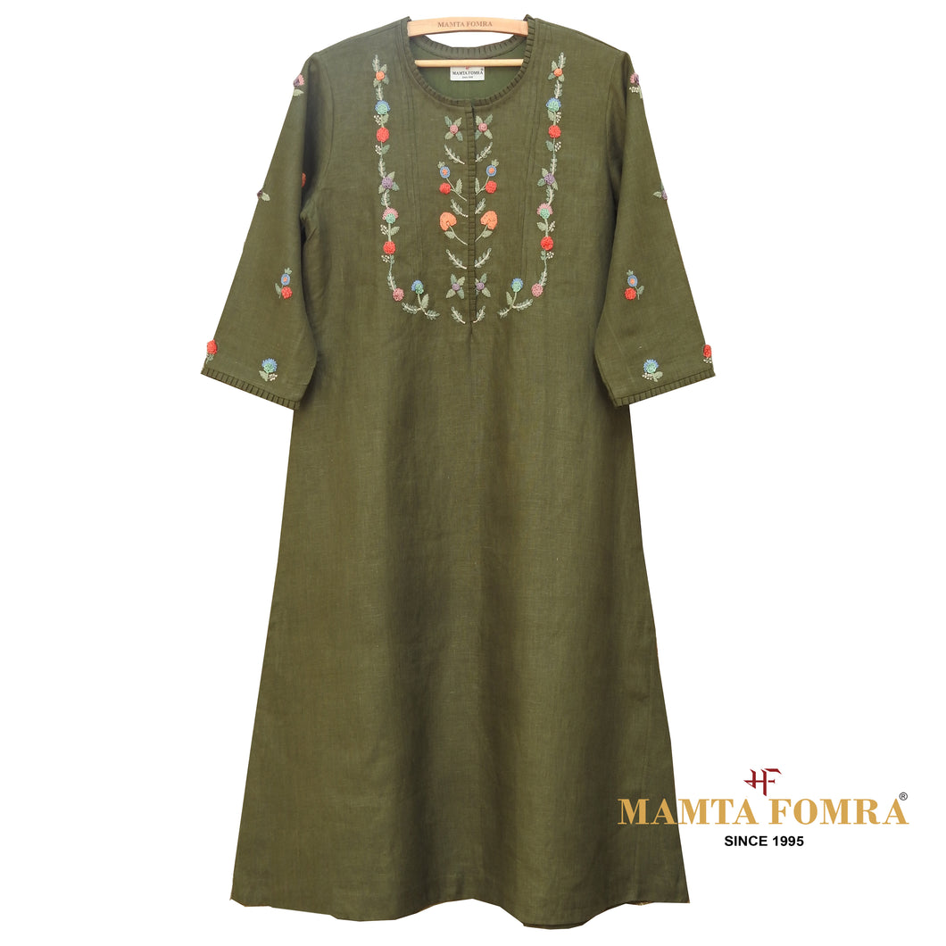 Green Linen Hand Embroidered Kurta