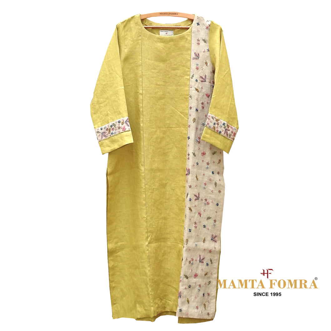 Yellow Linen Hand Embroidered Kurta