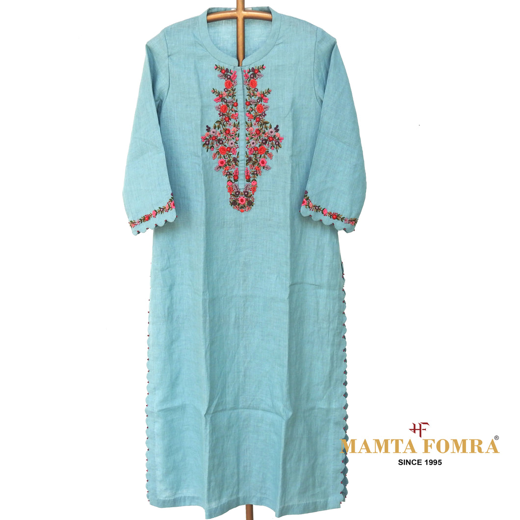 Blue linen kurta scalloped slits