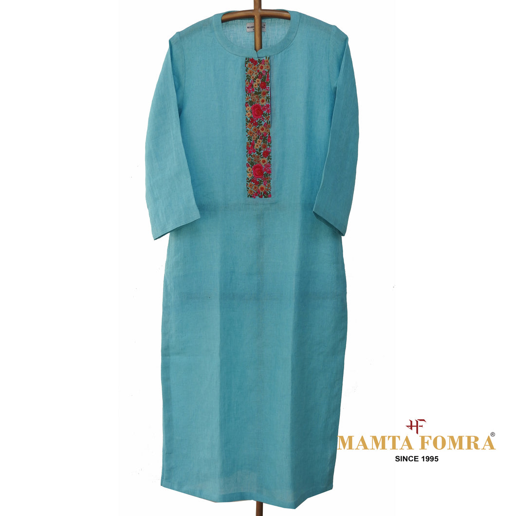 Blue Linen Hand Embroidered Kurta