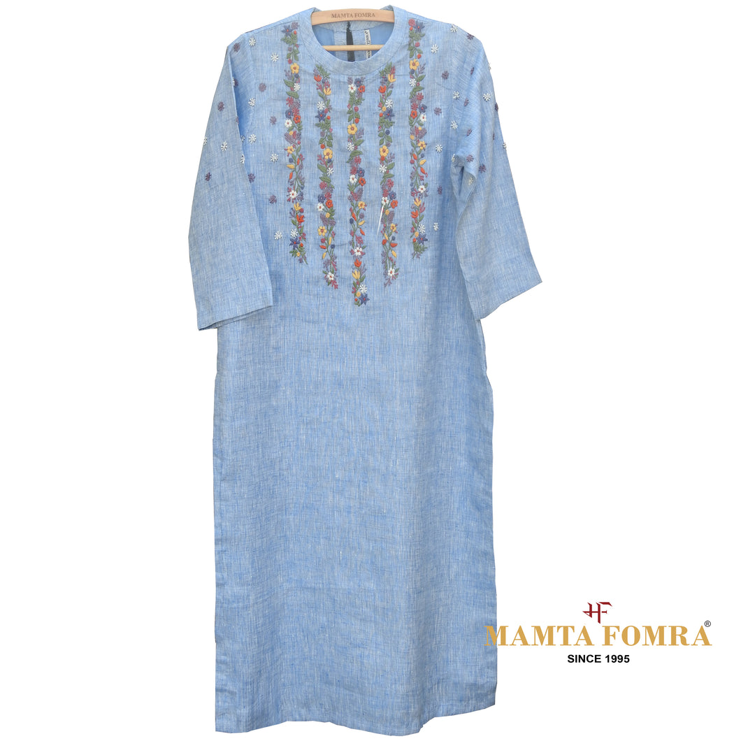 Blue Linen Hand Embroidered Kurta