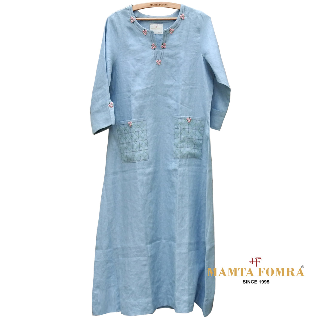 Blue Linen Hand Embroidered Kurta