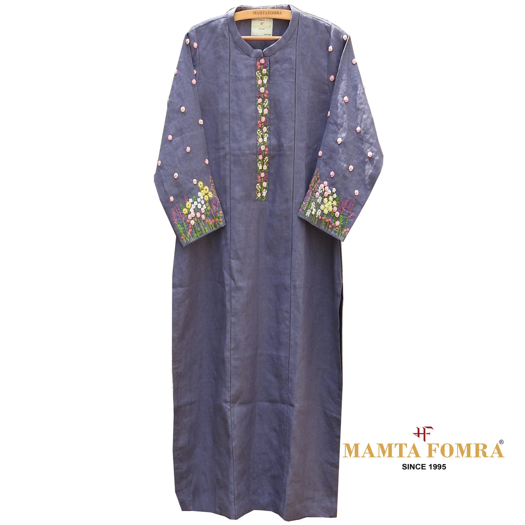 Blue Linen Hand Embroidered Kurta