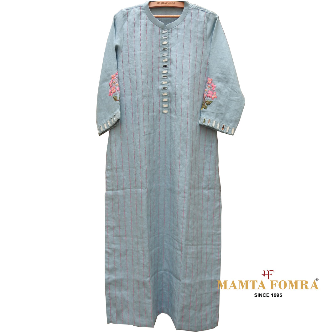 Blue Linen Hand Embroidered Kurta