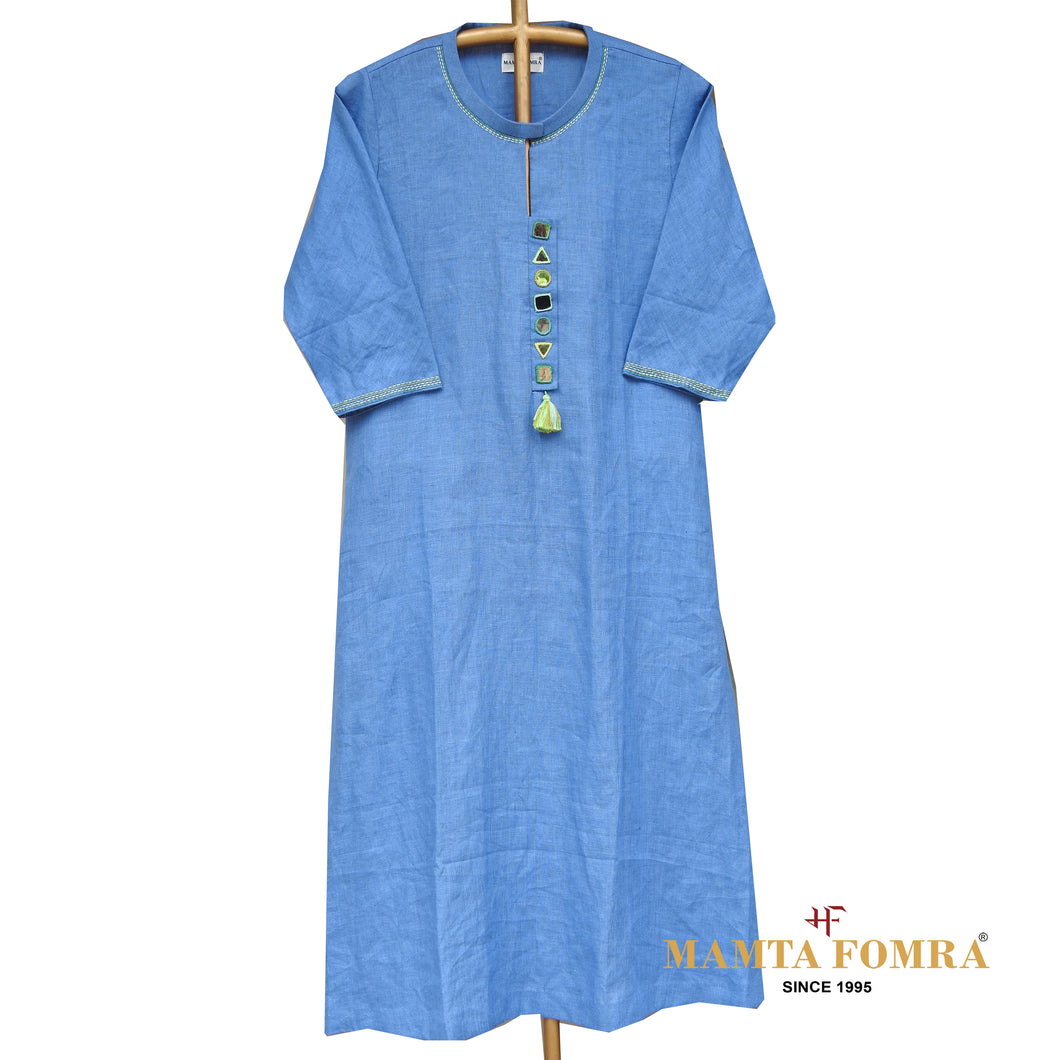 Blue Linen Hand Embroidered Kurta