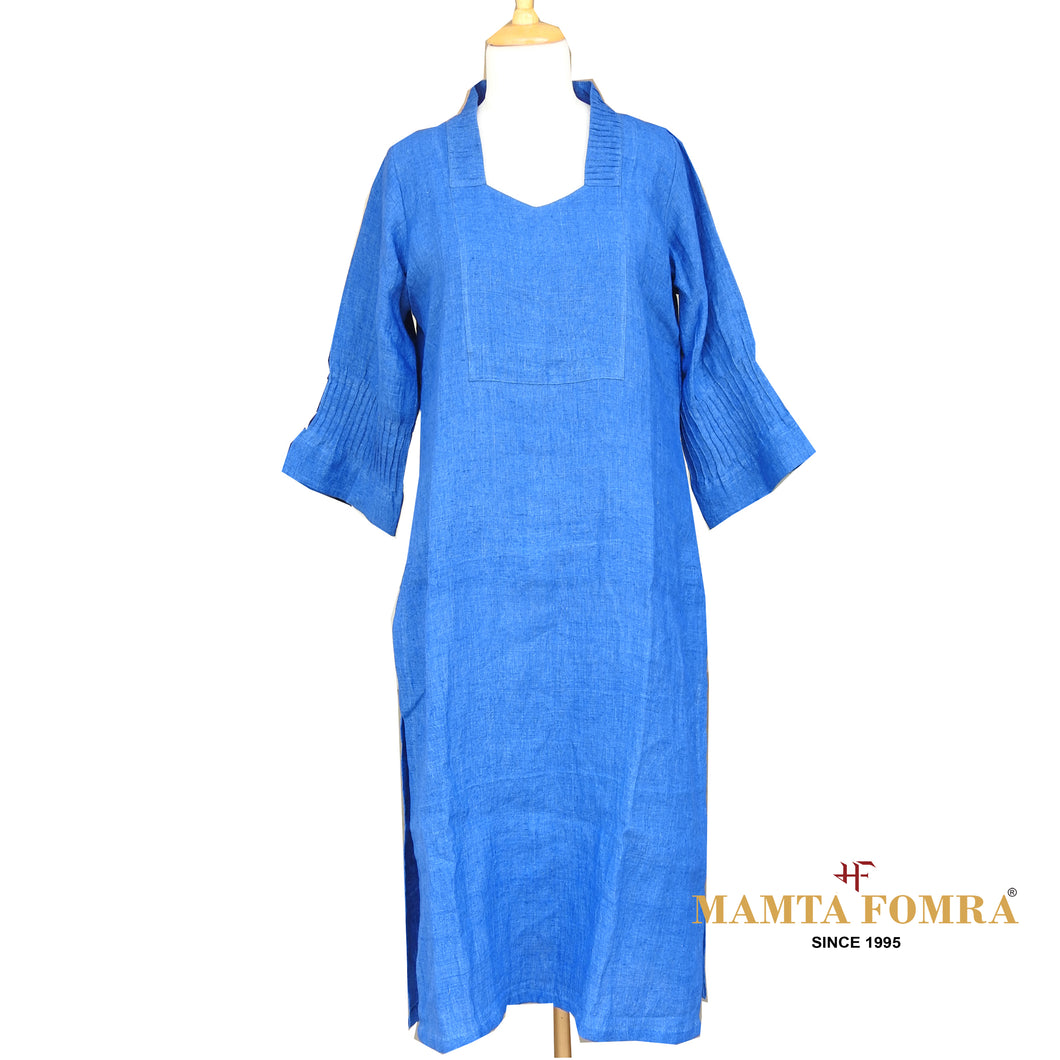 Blue Linen Hand Embroidered Kurta