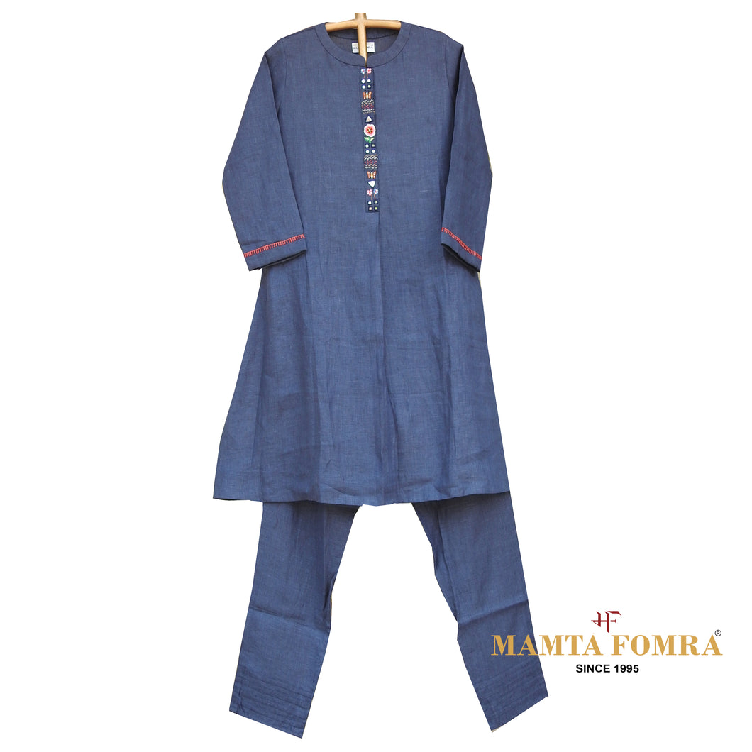 Blue Linen Hand Embroidered Kurta