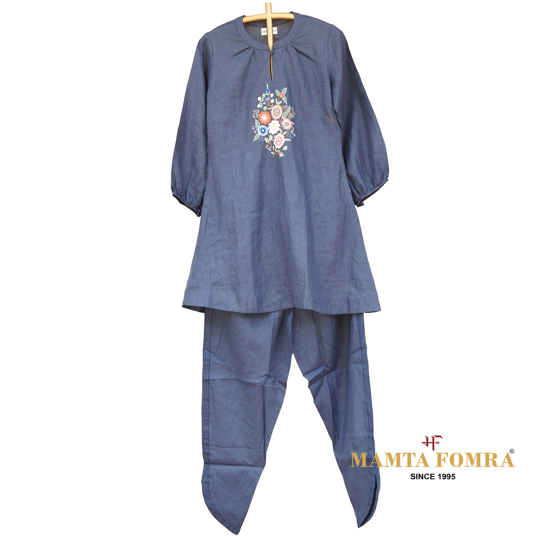 Blue Linen Hand Embroidered Kurta