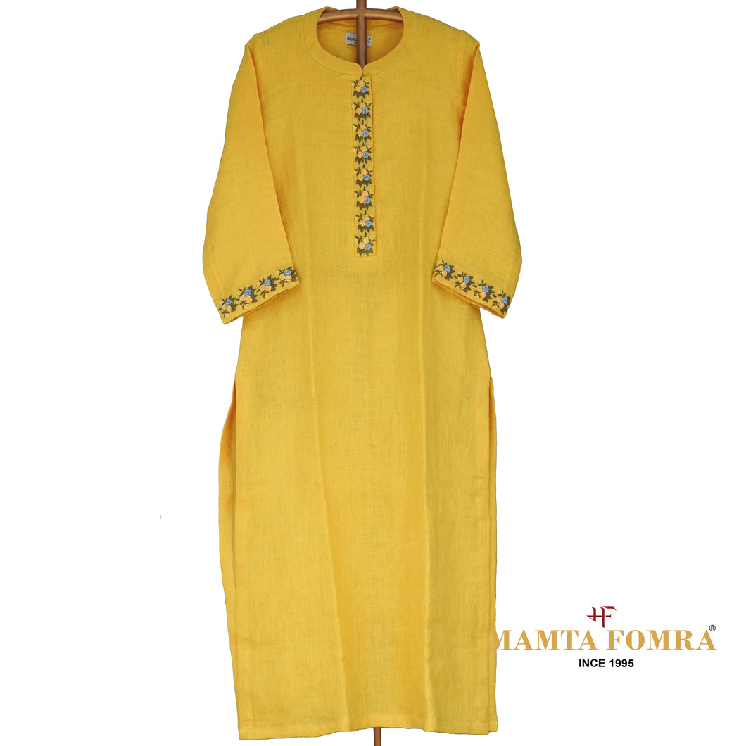 Yellow Linen Hand Embroidered Kurta