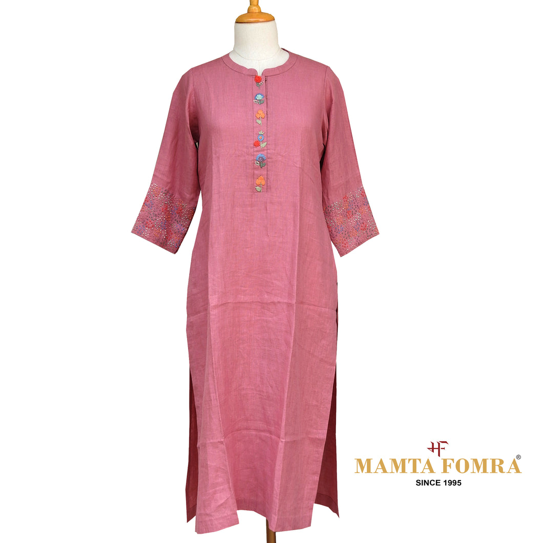 Pink LInen Hand Embroidered Kurta