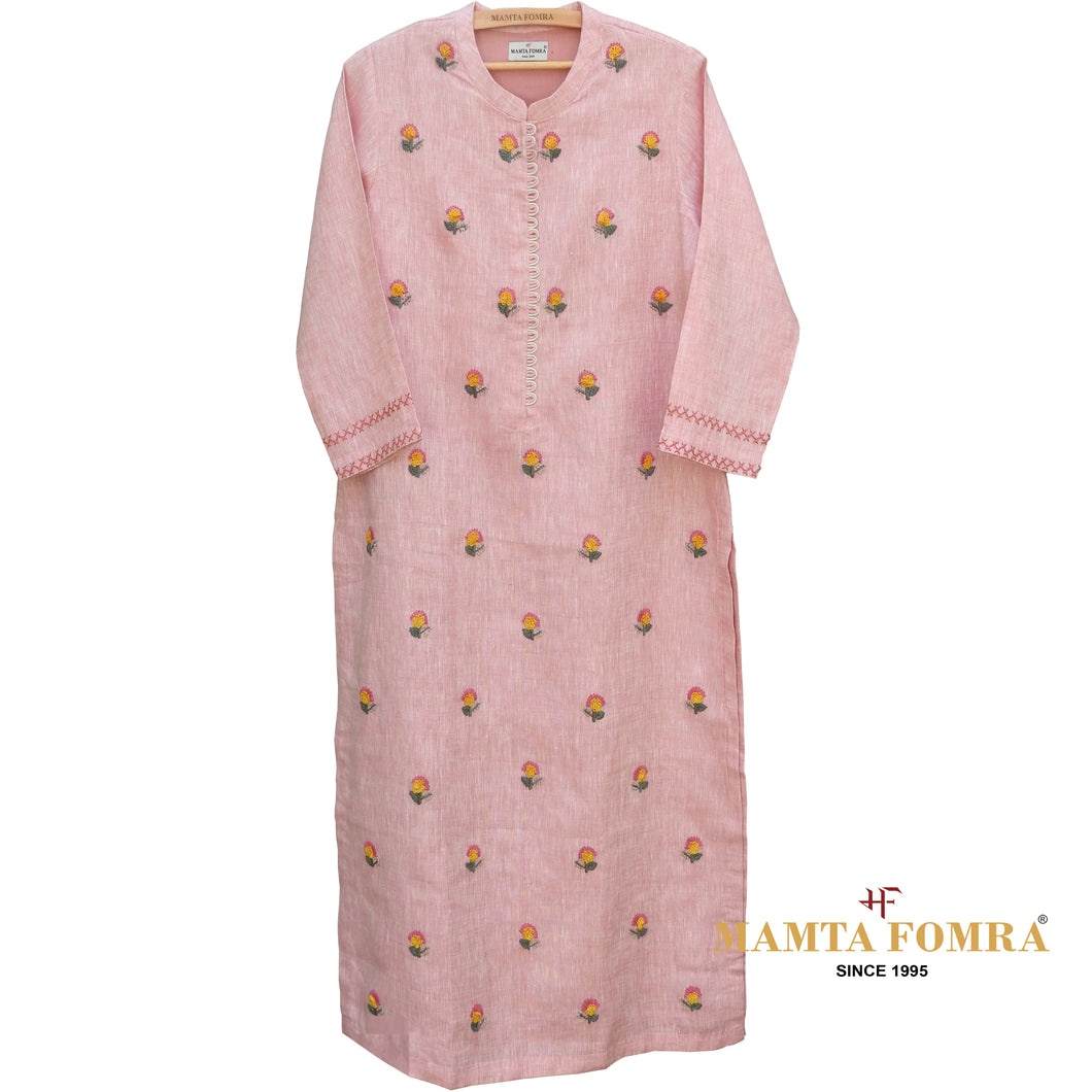 Pink Linen Hand Embroidered Kurta