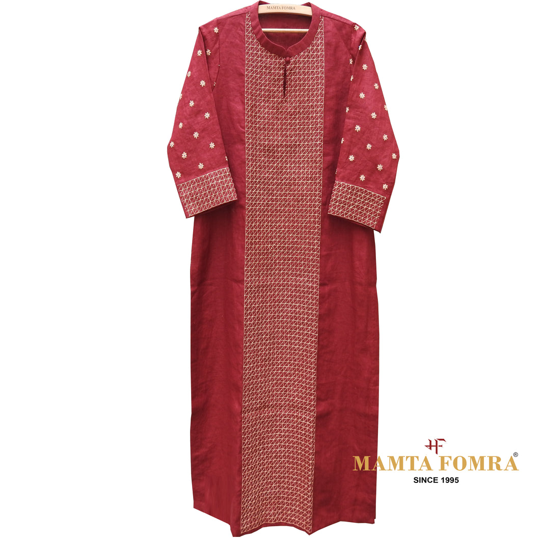 Red Linen Hand Embroidered Kurta